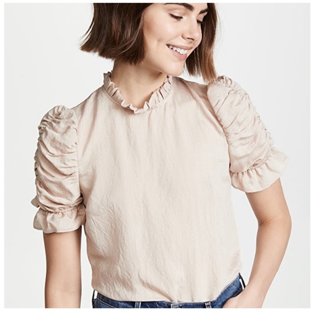 Anthropologie Moon River Puff Sleeve Blouse Women's Size S Tan Cottagecore